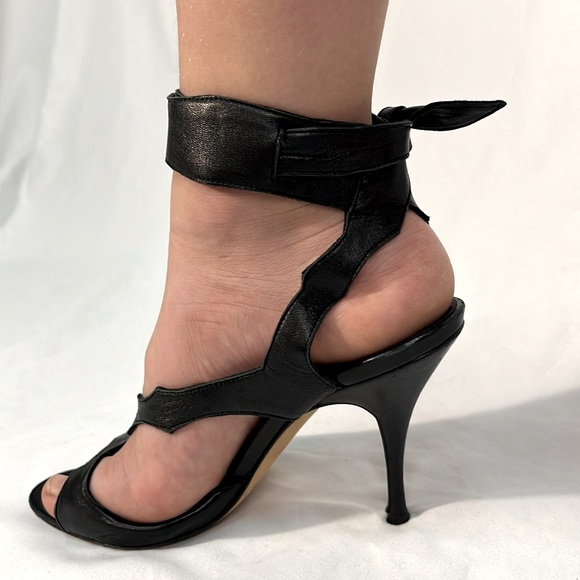 Brian Atwood Black Leather Stilettos Asymmetrical with Ankle Tie - Picture 4 of 14